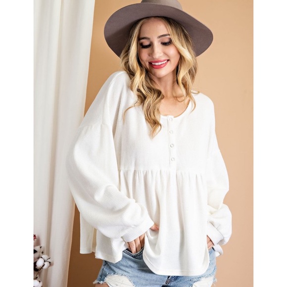 Fall Waffle Knit Top Henley Baby Doll Top Cute Tops Girly Feminine Women’s Top - Picture 2 of 5